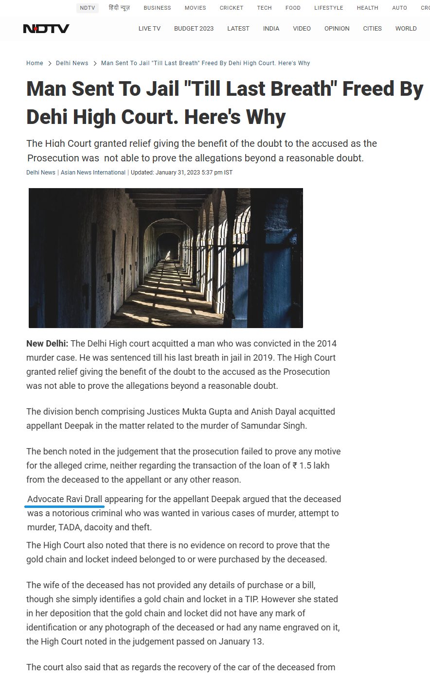 Acquittal in Murder Case Delhi High Court: Ravi Drall Advocate, Criminal Advocate Delhi