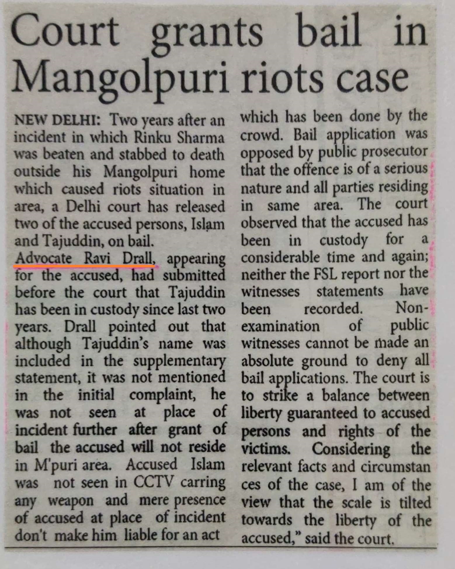 court grants bail in mangolpuri riots case